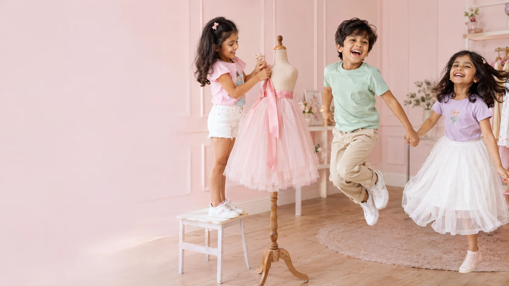 Happy kids playing in a pink kidswear boutique